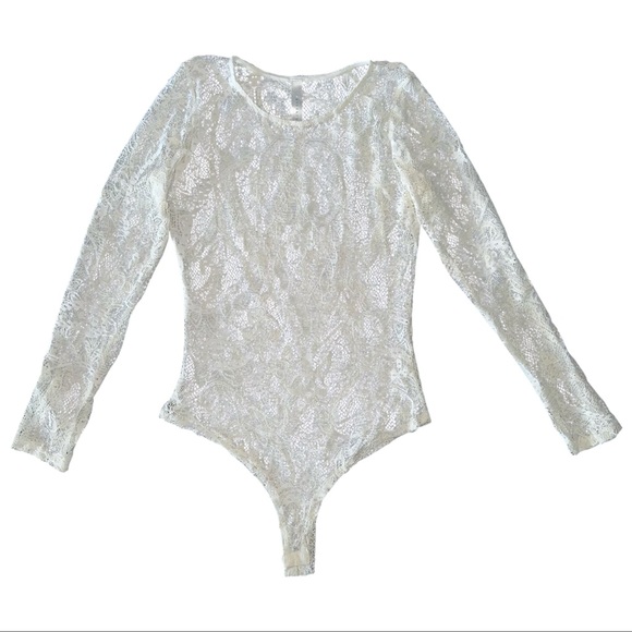 Tops - Cream Lace Women's Bodysuit Stretch Festival Bride Pinup Dancer Baddie Hot L/XL